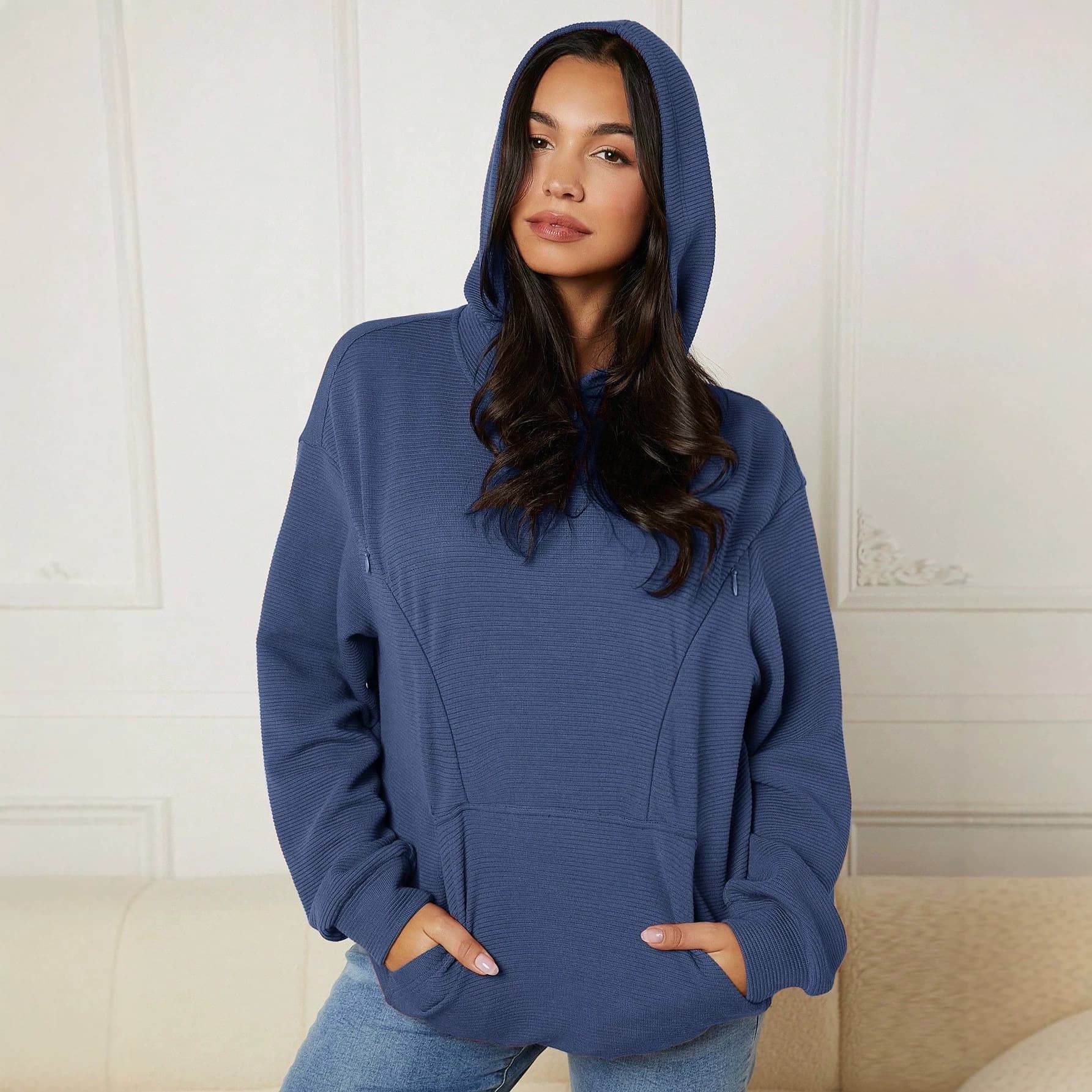 Cross-border source factory European and American clothing autumn and winter new hooded waffle zipper pockets on both sides nursing sweatshirt