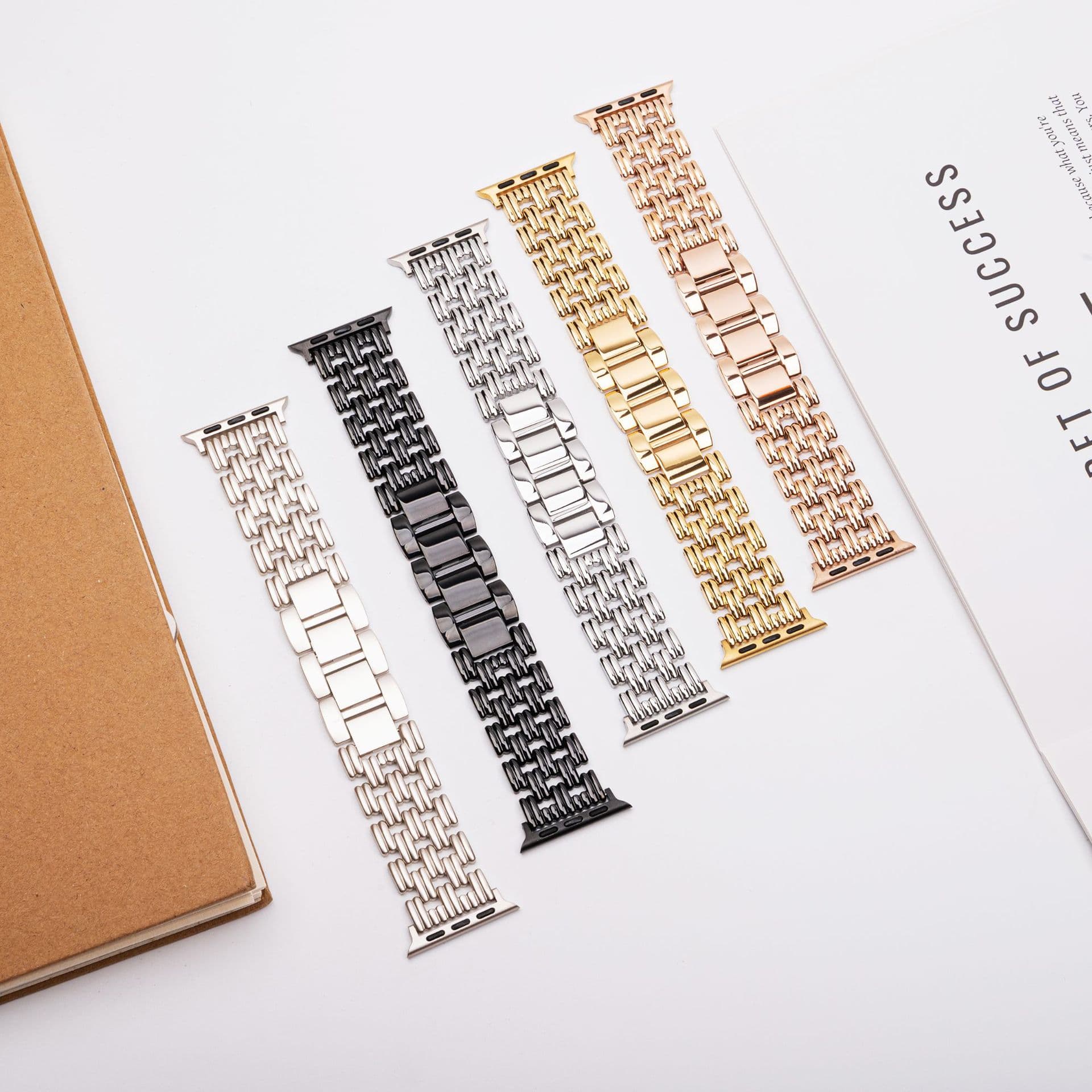 Suitable for Apple watch strap iWatch10SE9876 hollow double stripe five-bead stainless steel metal watch strap for girls