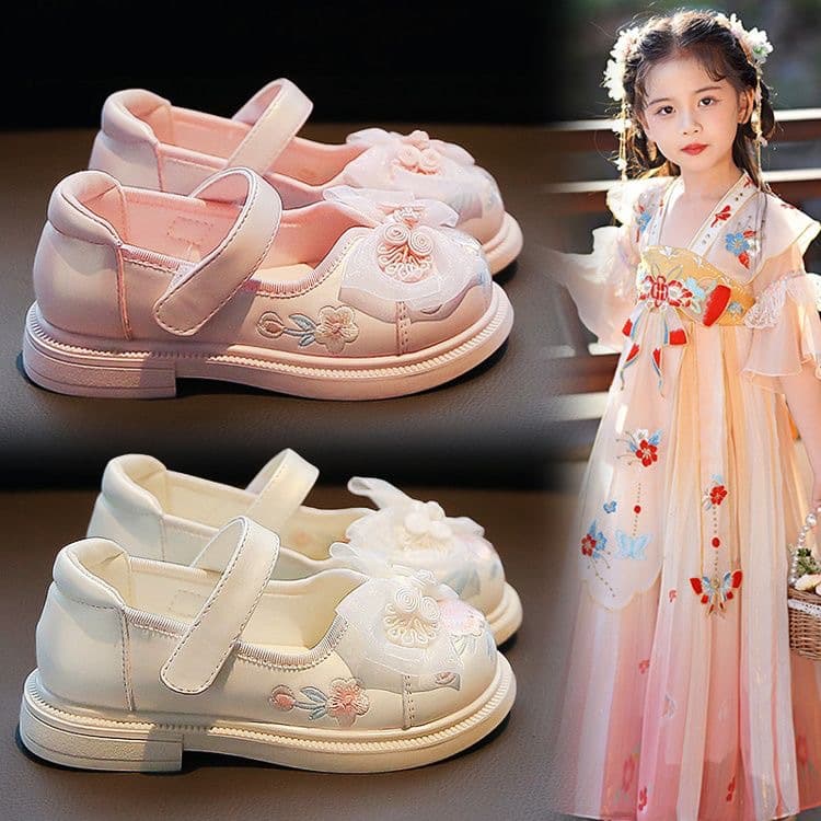 Girls' Leather Shoes, Chinese Hanfu Style Shoes, 2025 Spring New Children's Embroidered Shoes, Bowknot Girl Princess Flats, Trendy