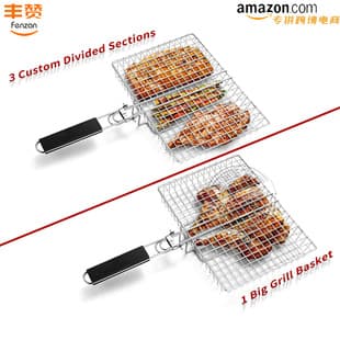 Stainless Steel BBQ Basket with Portable Removable Handle, BBQ Basket - Dishwasher Safe