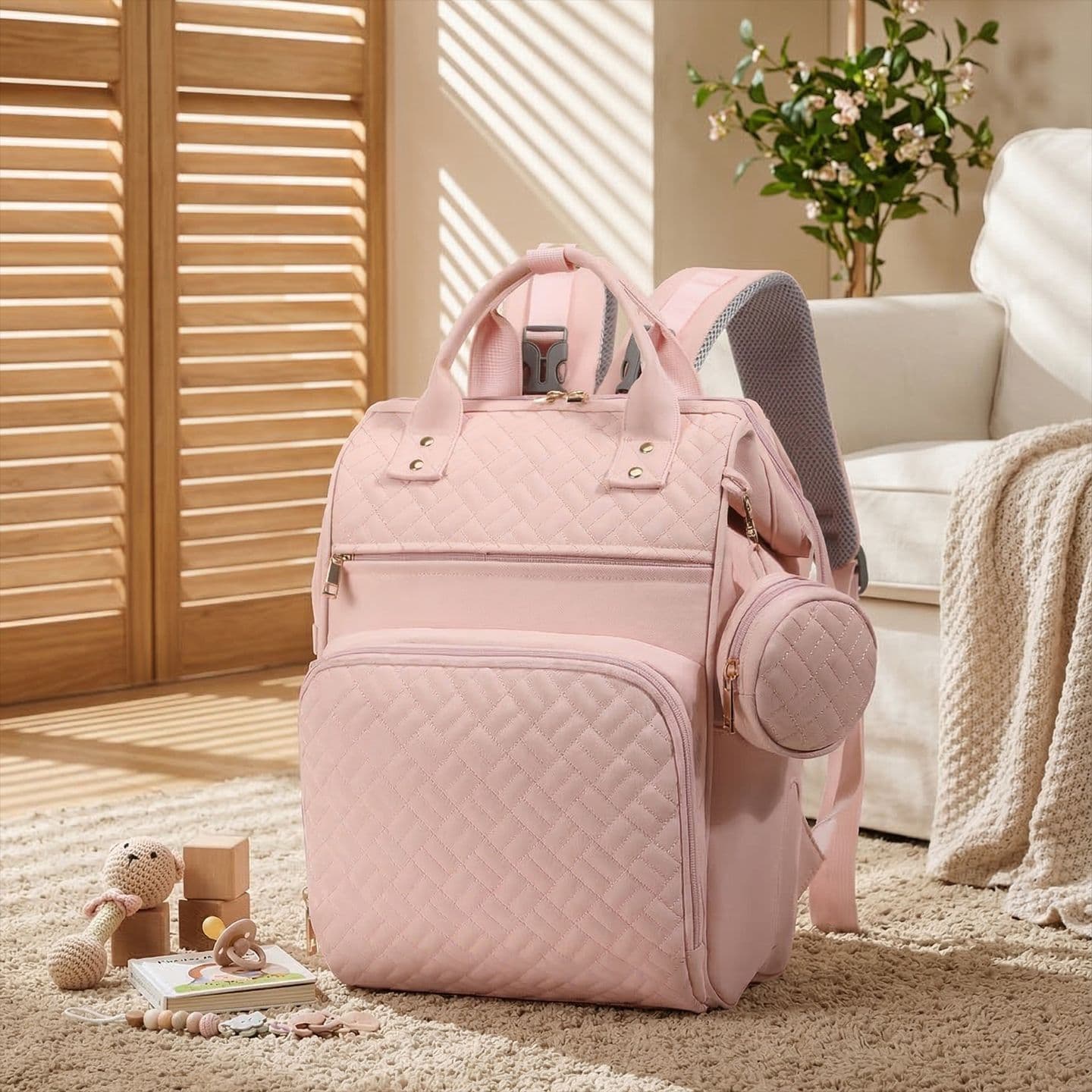 Young Mom Baby Diaper Bag Stroller Backpack with Rear Convenient Insulated Bottle Holder