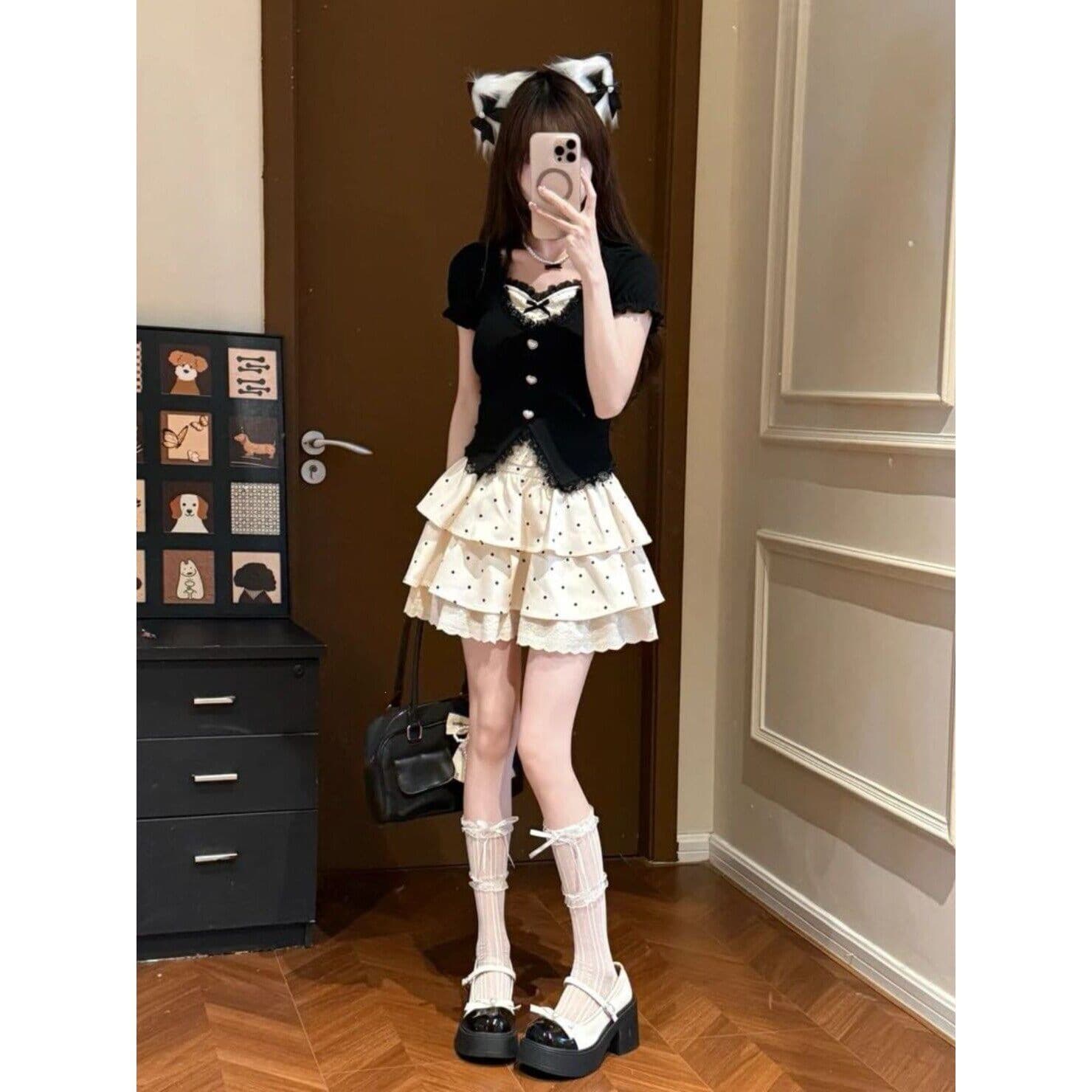 Sweet Fashion Faux Two-Piece Top Fitted Short Skirt Set Summer Japanese Soft Girl T-Shirt Puffy Skirt Set for Women