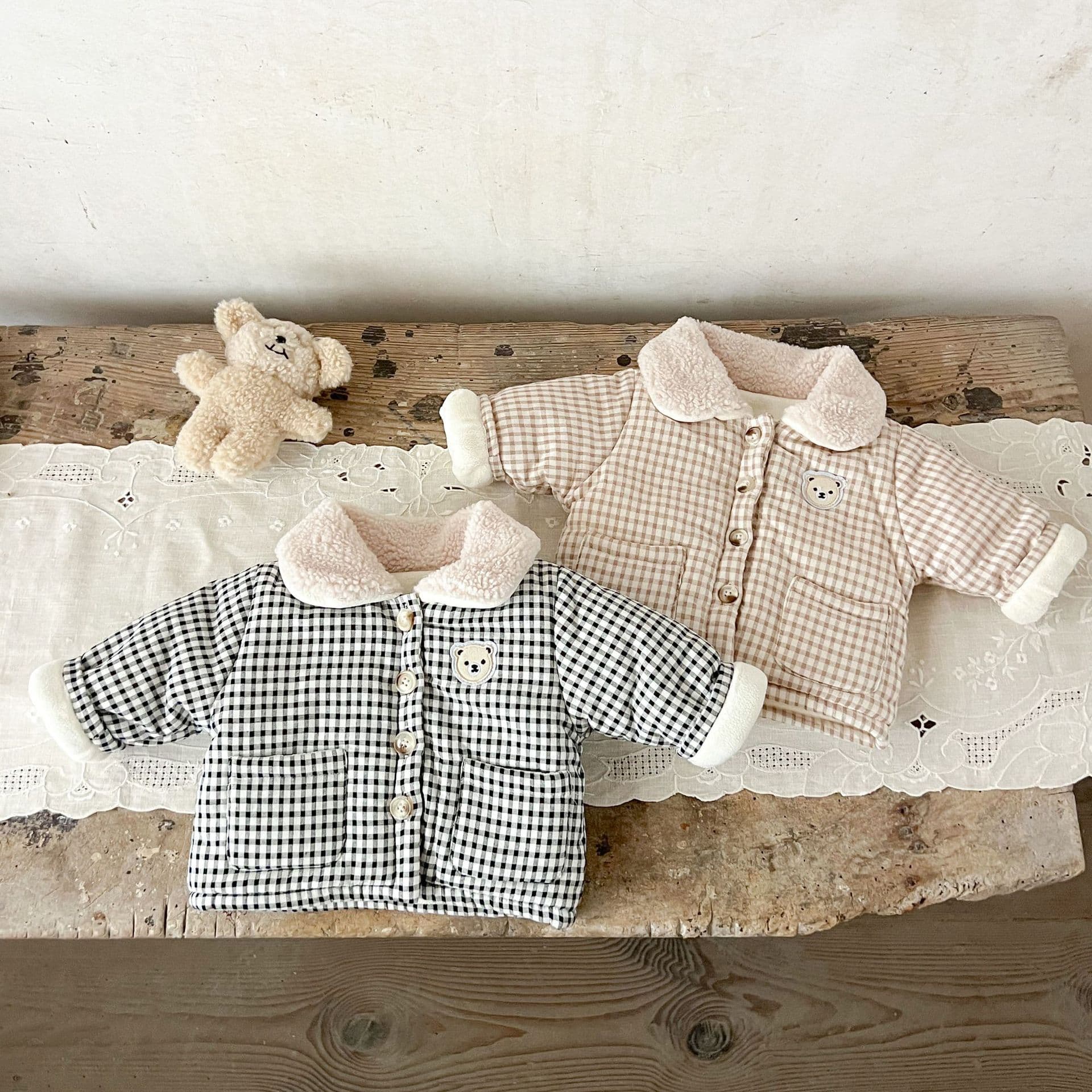 INS Korean Style Unisex Kids Plaid Lapel Embroidered Cotton Jacket Winter Infant Warm Fleece-Lined Coat