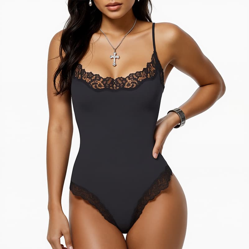 European and American Cross-Border Nude Lace Trim Bodysuit, Nylon Skin-Friendly Breathable Tight Tummy Control Camisole Shapewear for Women