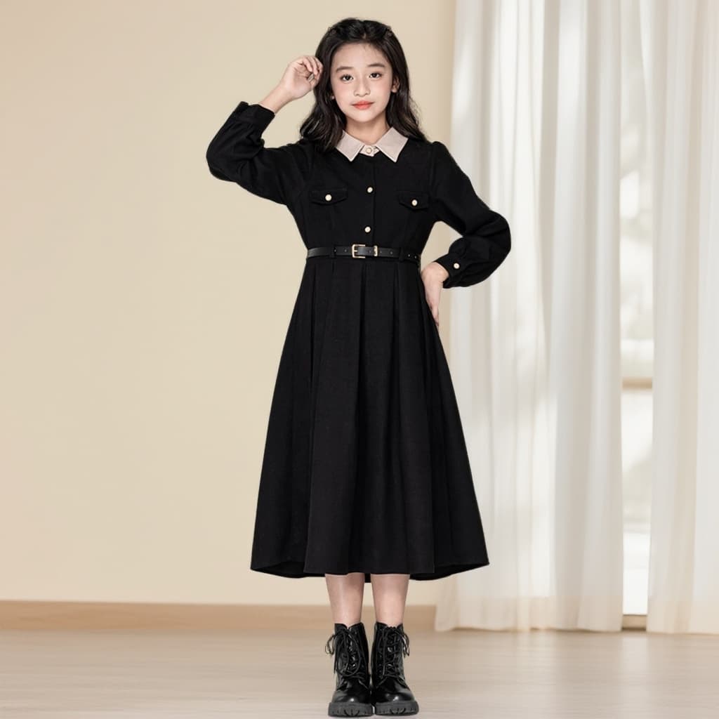 Girls' Audrey Hepburn Style Long-Sleeve Princess Dress for Fall/Winter, Sweet Red New Year Outfit for Girls