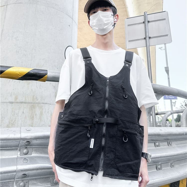 American trendy brand 2024 spring/autumn functional style suspender vest with large pockets, Japanese-inspired workwear waistcoat men's backpack.