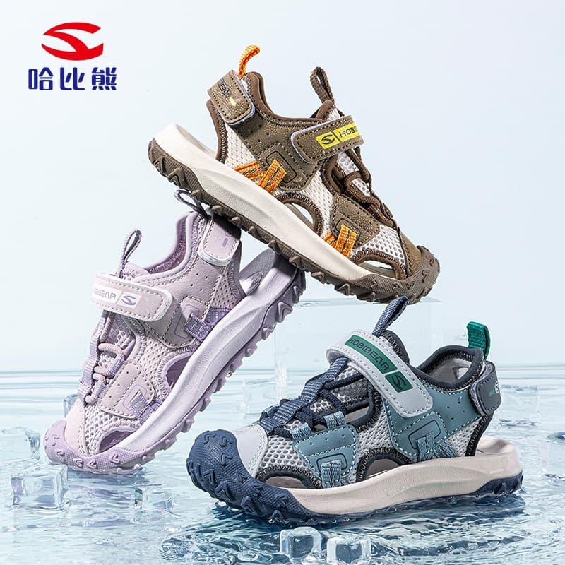 Habi Bear Single Mesh Toe Sandals Summer Boys and Girls Outdoor Beach Shoes Daily Breathable Velcro Casual Sandals