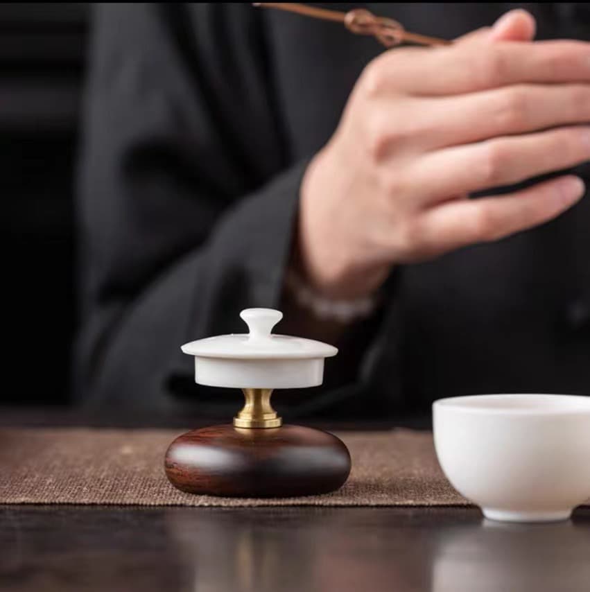 Ebony Wood with Copper Lid Rest, Chinese Style Purple Clay Teapot Covered Bowl Lid Holder, Household Kung Fu Tea Set Tea Ceremony Accessory