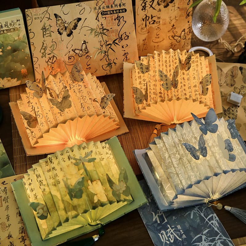 Chinese retro style calligraphy fan-shaped paper lamp DIY handmade folding gift poetry landscape painting 3D book lamp wholesale