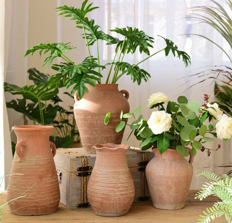 Home Handmade Clay Pot Coarse Pottery Vase Succulent Planter Desktop Vintage Decorative Flower Vase Pottery Clay for Dried Flower Arrangement