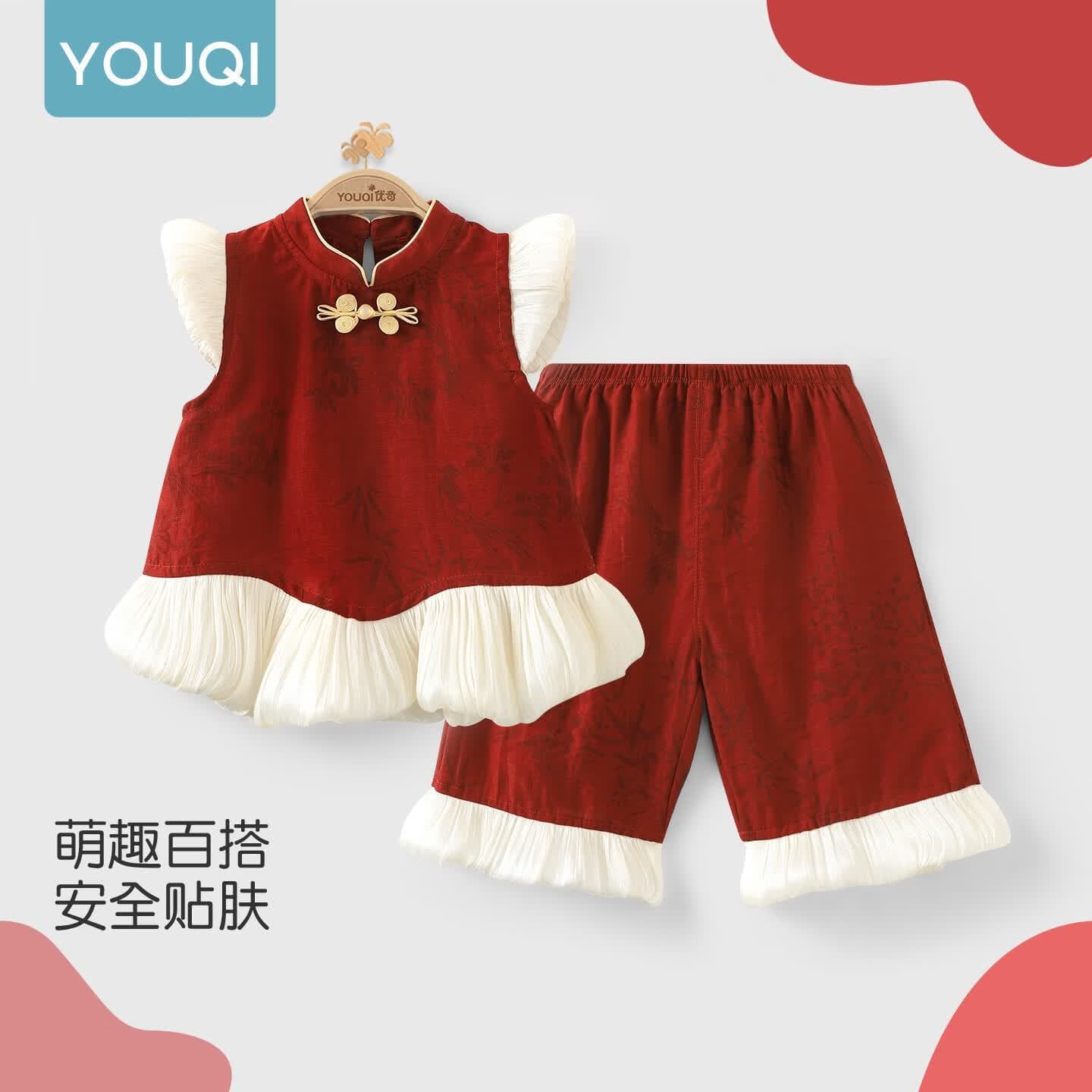Baby Girl Outfit Set Summer Thin New Chinese Red Birthday Dress Infant Traditional Two-Piece Set