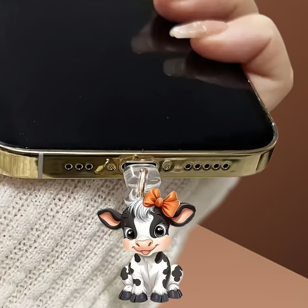 Cross-Bowknot Cow Theme 2D Acrylic Phone Dust Plug Oval Interface Port Decoration Pendant
