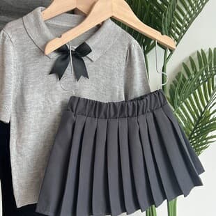 Girls' Fashionable Miu Miu Style Summer Lightweight Polo Collar Bow Gray Cool Knitted Short-Sleeve Top
