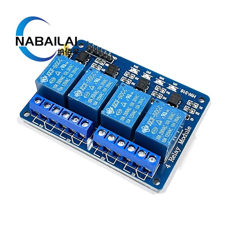 4-channel relay extended version, 5V with optocoupler isolation, supports AVR/51/PIC microcontrollers.