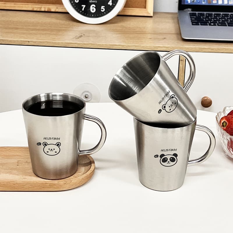 Cartoon 304 Stainless Steel Milk Cup with Handle Double-Wall Heat-Insulated Thick Wall Water Cup Exclusive for Kindergarten Children High Aesthetics