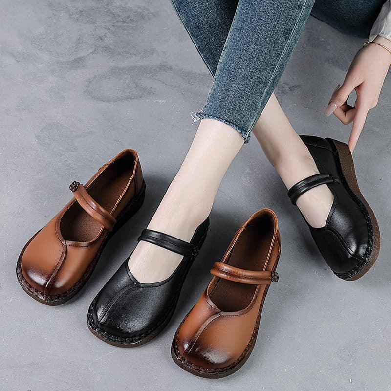 Full Leather Summer New Retro Ethnic Style Women's Shoes Mother Shoes Genuine Leather Loafers Spring Mary Jane Shoes