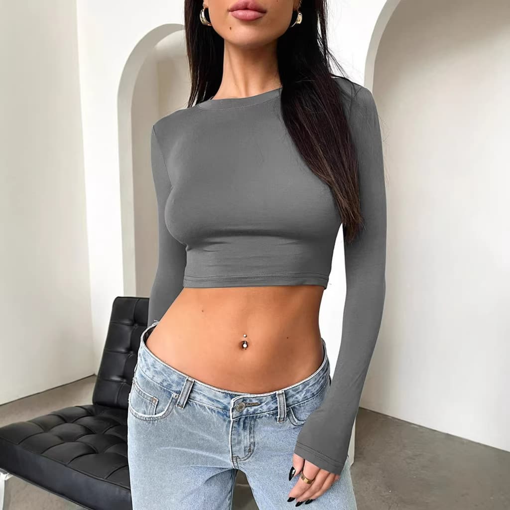 2026 Cross-Border European and American Hot Girl Solid Color Crew Neck Long Sleeve Crop Top Slim Fit Short T-Shirt Women's Sexy Skims
