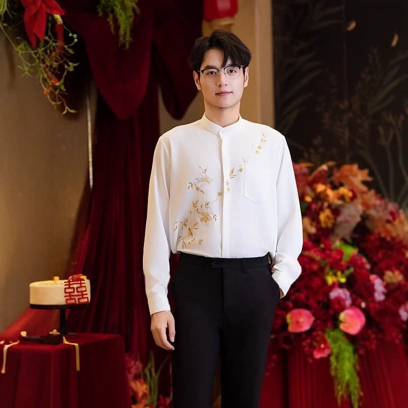 New Chinese-style Engagement Men's Clothing Spring/Autumn National Trend Long-sleeve Shirt Wedding Ice Silk Embroidery Handsome Shirt for Men
