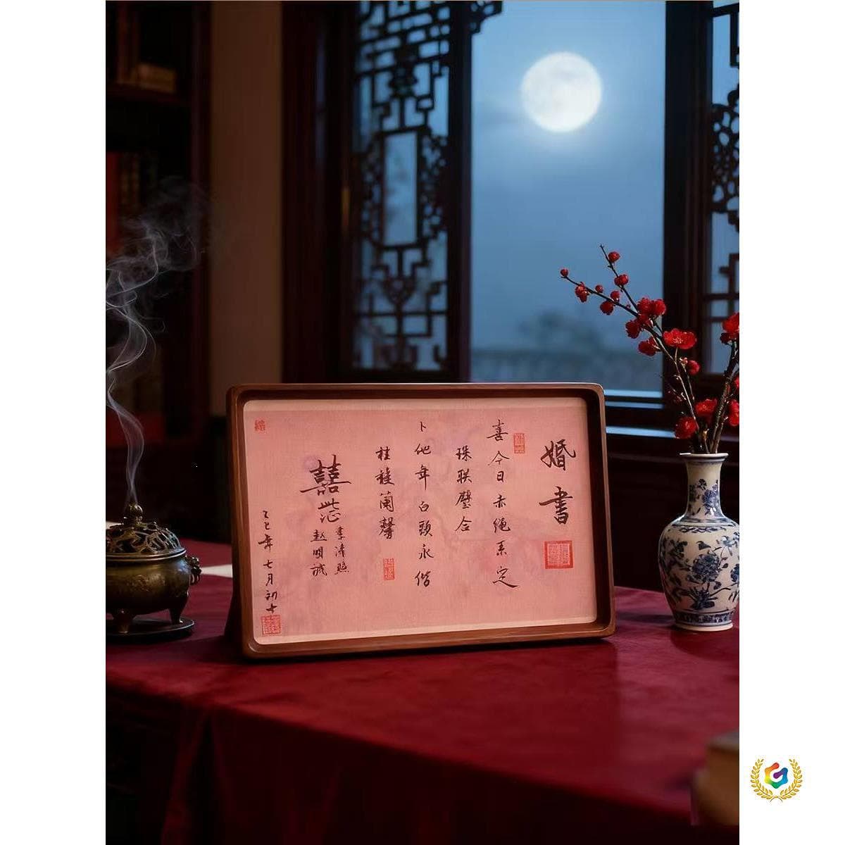 Qiuyue Pavilion Ancient Aesthetics Marriage Certificate - Black Walnut Solid Wood Frame Calligraphy Marriage Certificate Engagement Certificate Ancient Aesthetics