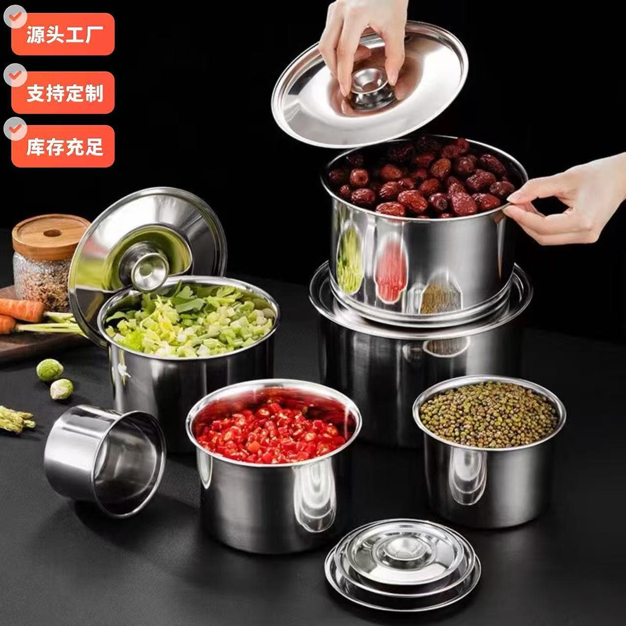 Thickened Stainless Steel Seasoning Bowl with Lid, Kitchen Lard Basin, Egg Whisking Bowl, Commercial Restaurant Buffet Seasoning Jar