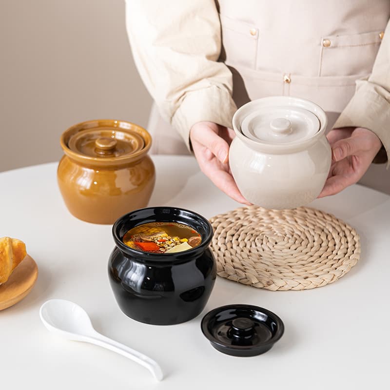 Ceramic-Clay Double-Boiling Pot with Lid, Sha County Snack Style Steaming Bowl for Home/Hotel Use