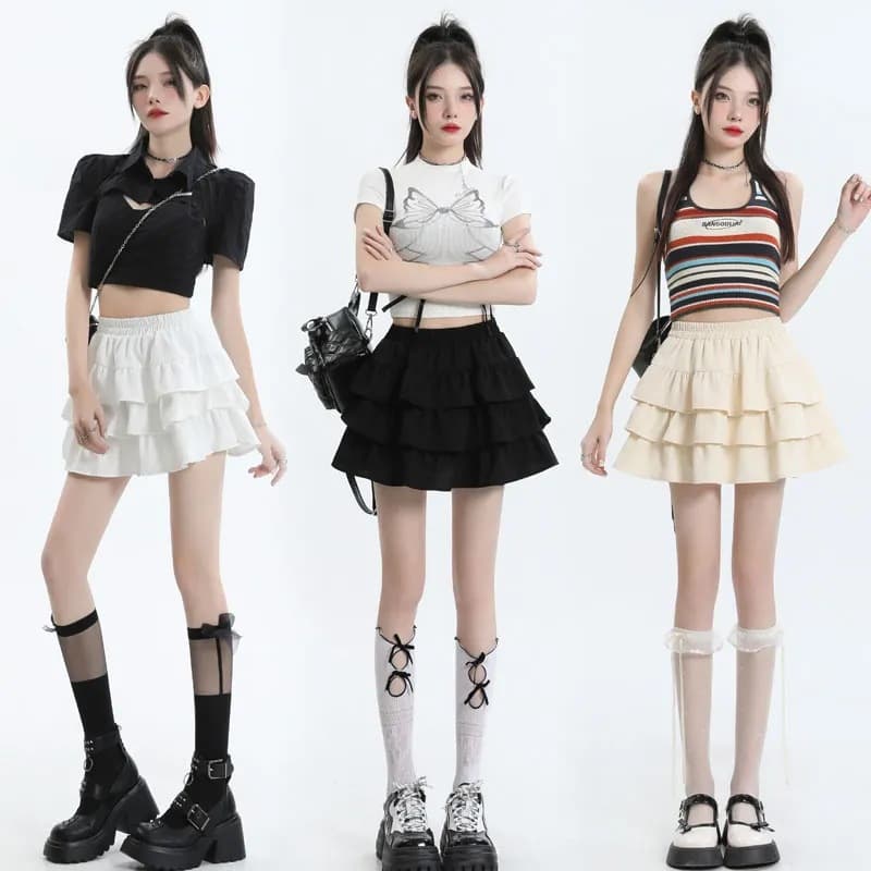 2025 New Sweet Flattering Summer Korean Style High-Waisted Slimming Sexy Tiered Skirt Women's A-Line Mini Skirt