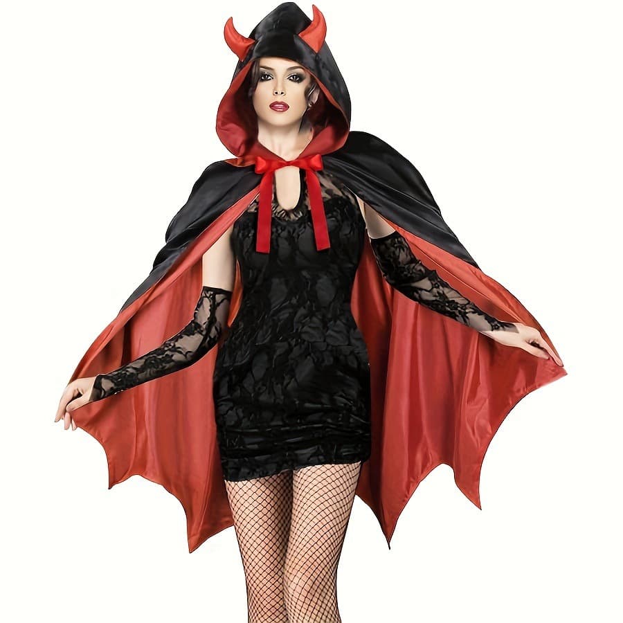 Halloween Horned Cape Costume for Kids and Adults, Red and Black Face Hooded Grim Reaper Vampire Cosplay Prop
