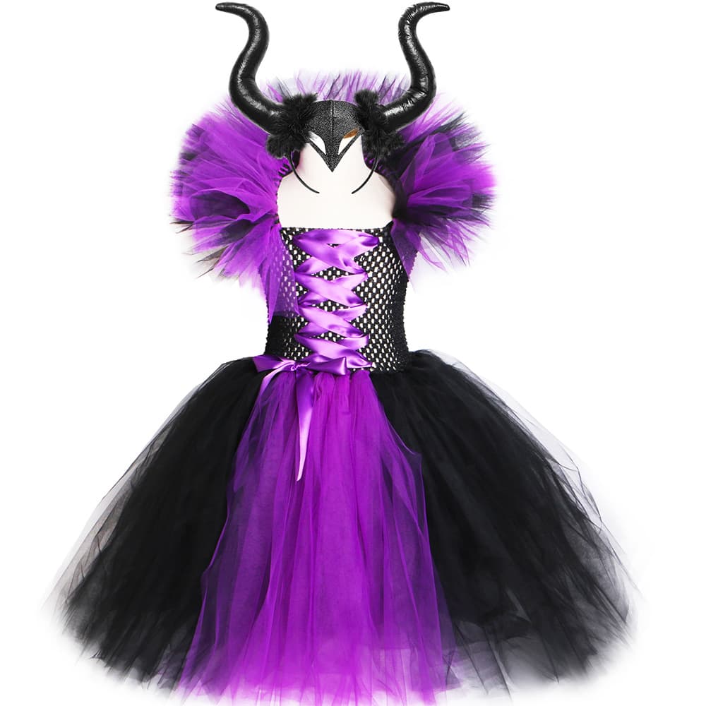 European and American Children's Halloween Dress, Girls Tulle Tutu Skirt, Sleeping Beauty Witch Costume with Headband Set