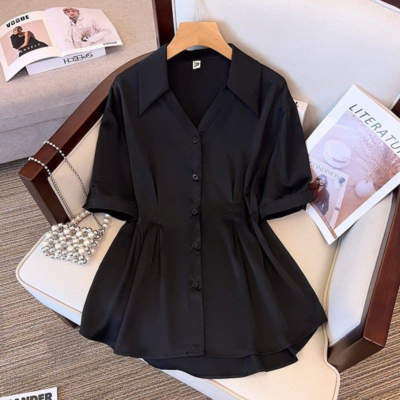 Large size women's lapel waisted short-sleeved shirts for women summer 2026 new fashionable temperament tops for fat girls