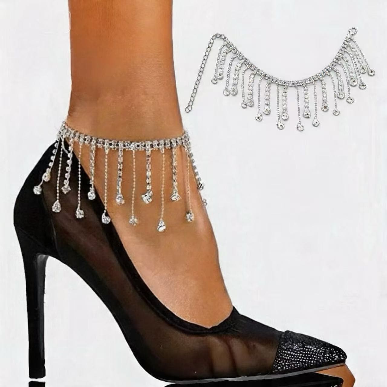 Satin Tassel Chain Hollow Sandals Two-Way High Heels Pointed Toe Banquet Wedding Shoes Luxury Premium Shoe Chain