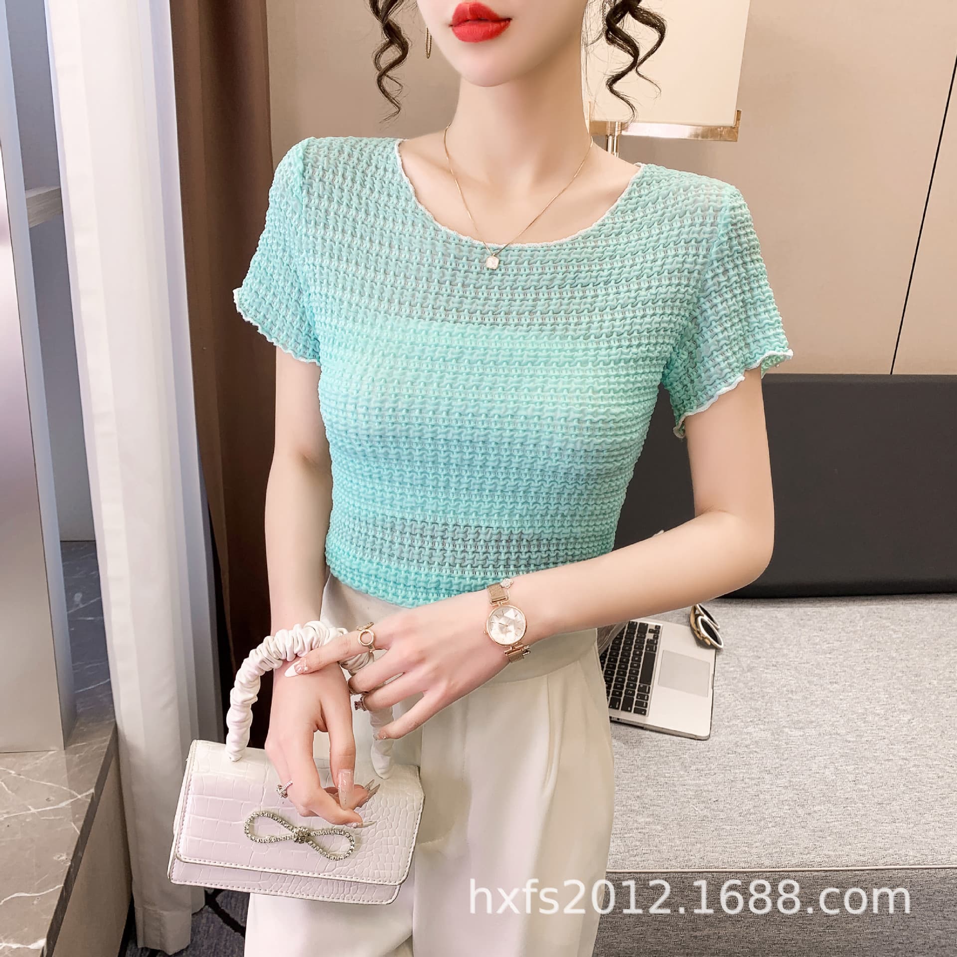 2022 New Trendy Round Neck Short Sleeve T-Shirt for Women, Summer Women's Top, Macaron Color Sweet Spicy Stretchy Tight Top