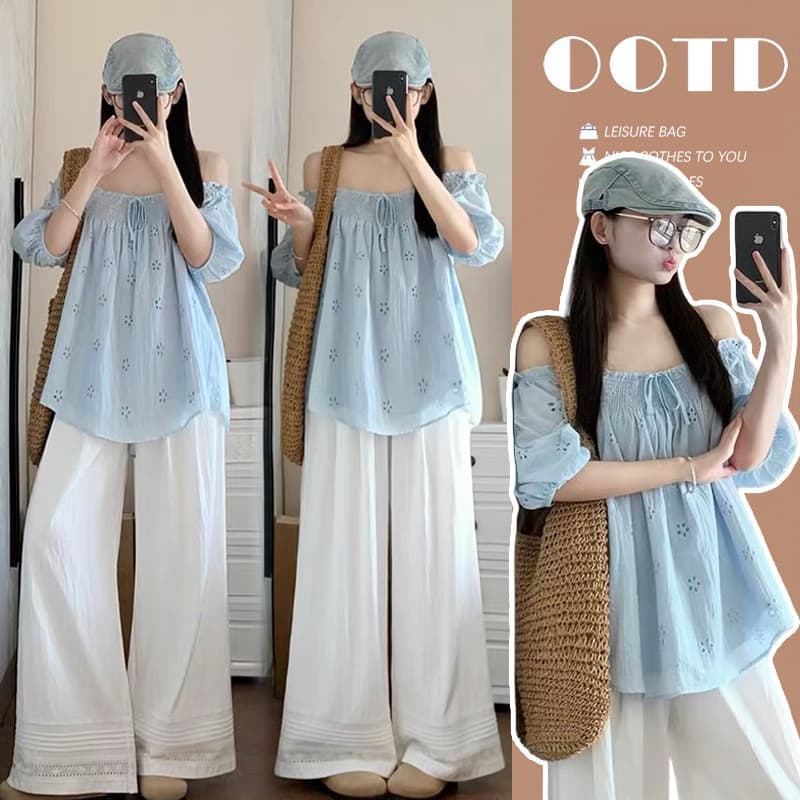 French-Style Maternity Summer Lace Hollow Embroidery Top + Pig Nose Button Lace Wide-Leg Pants Two-Piece Set