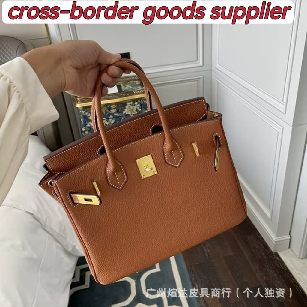 Classic Export Style Platinum Bag with Logo, Lychee Grain Top Layer Cowhide Leather Women's Bag, Genuine Leather Shoulder Handbag Tote