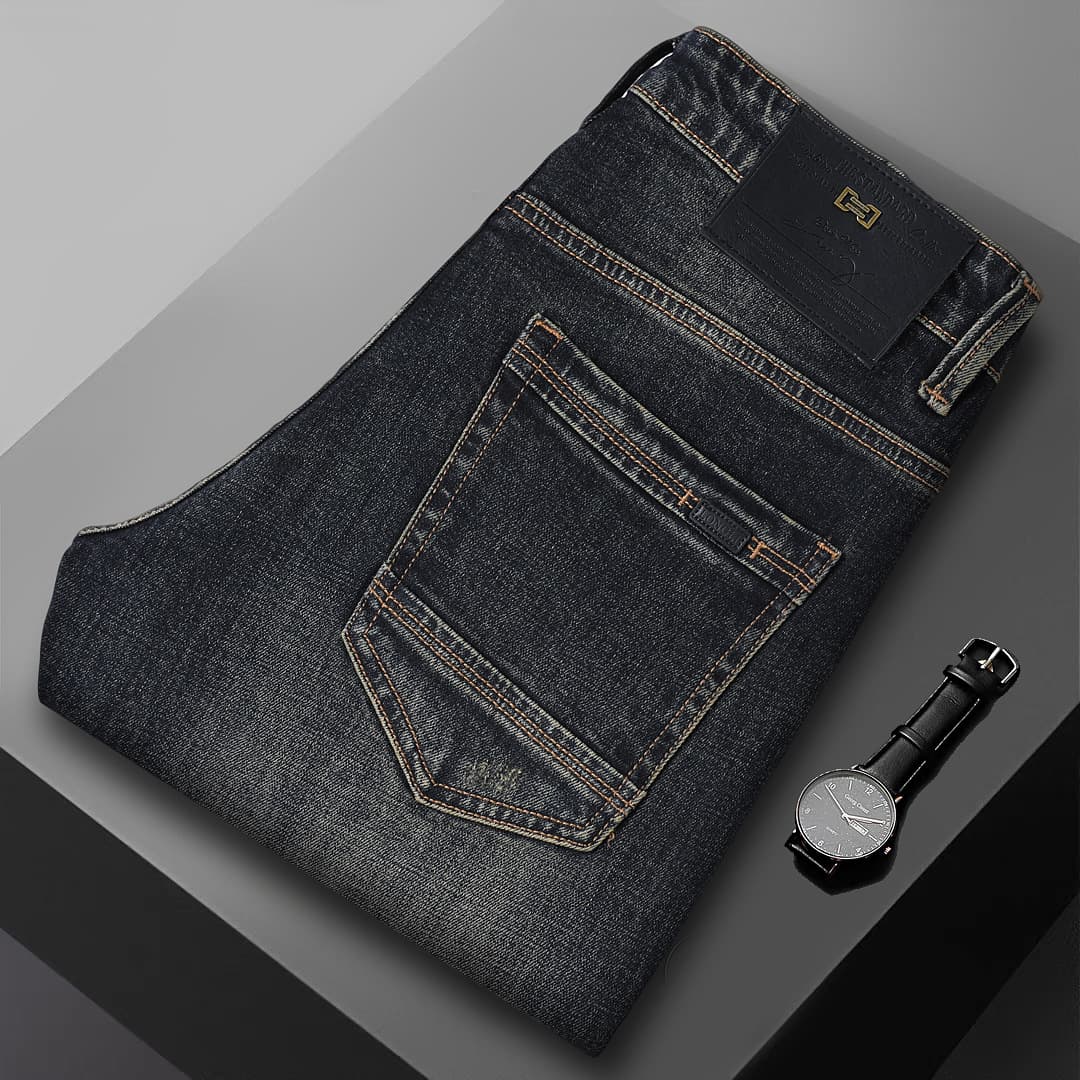 Vintage Blue Versatile Straight-Leg Jeans for Men, Loose Fit Trendy Stretch Denim Pants, Drop Shipping