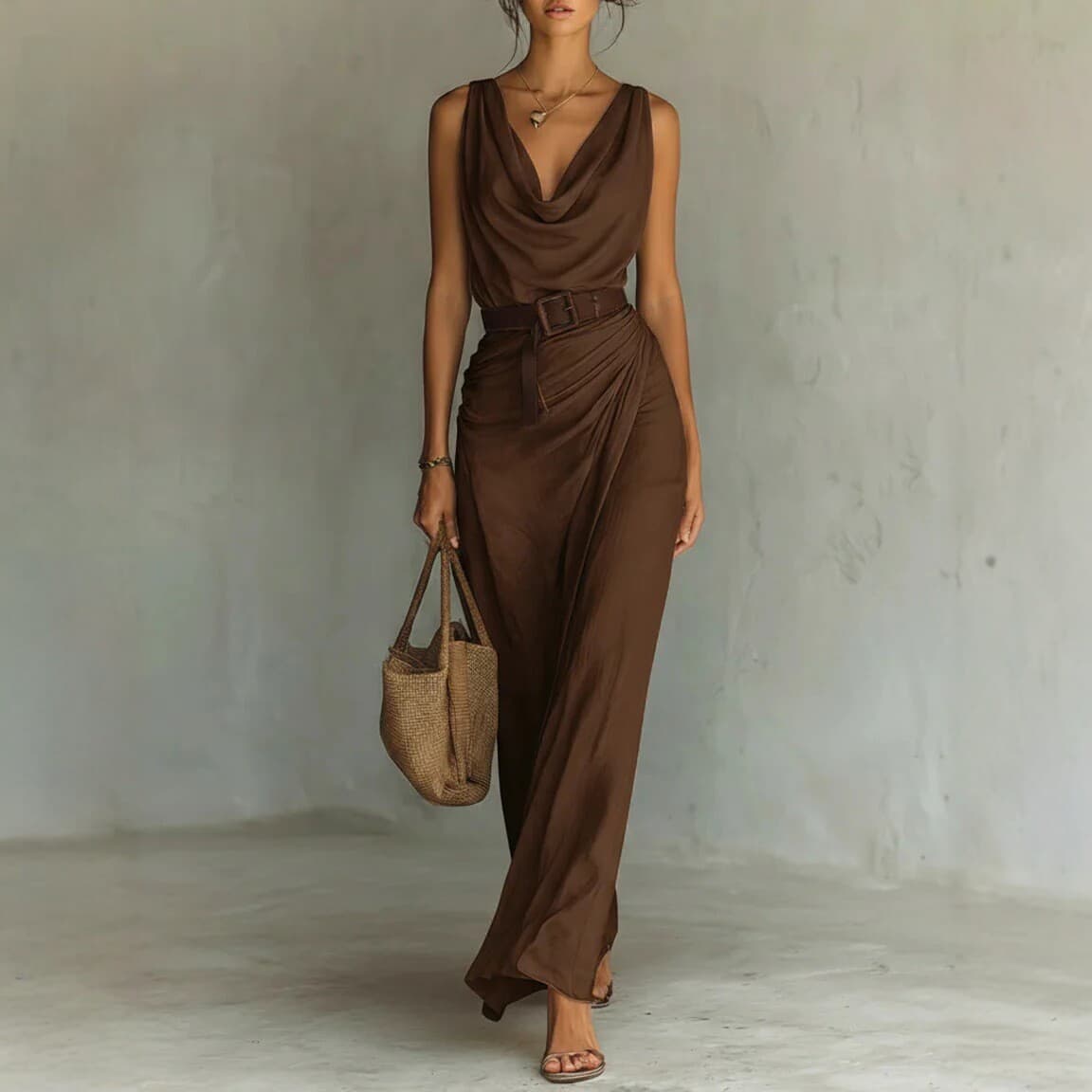 2026 European and American cross-border new sleeveless V-neck waist long skirt solid color dress women's holiday style long skirt