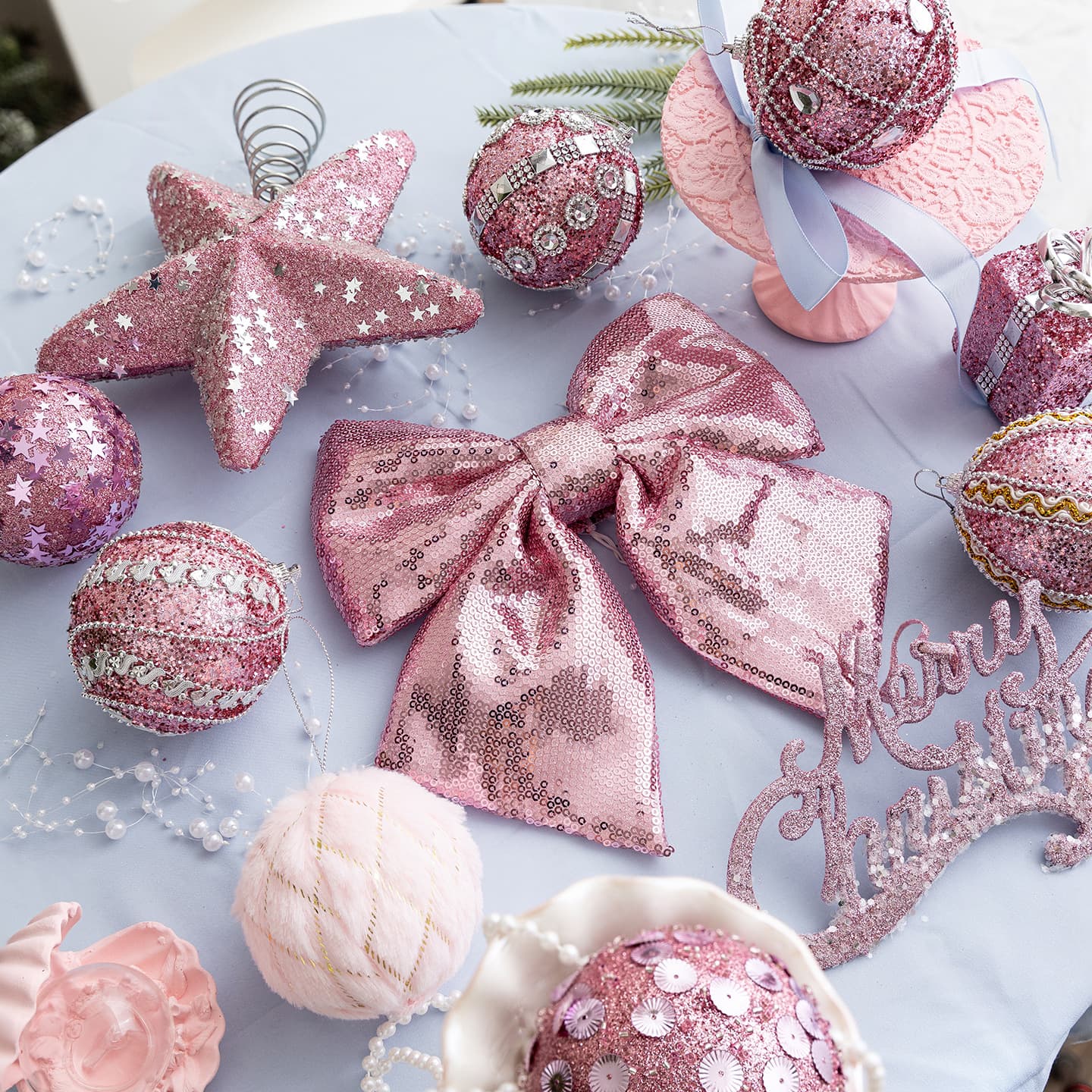 Hot Sale Christmas Ball Ornaments 8CM Pink Foam Ball Pendant Ins Christmas Tree Decoration Arrangement Pink Set Hanging Balls