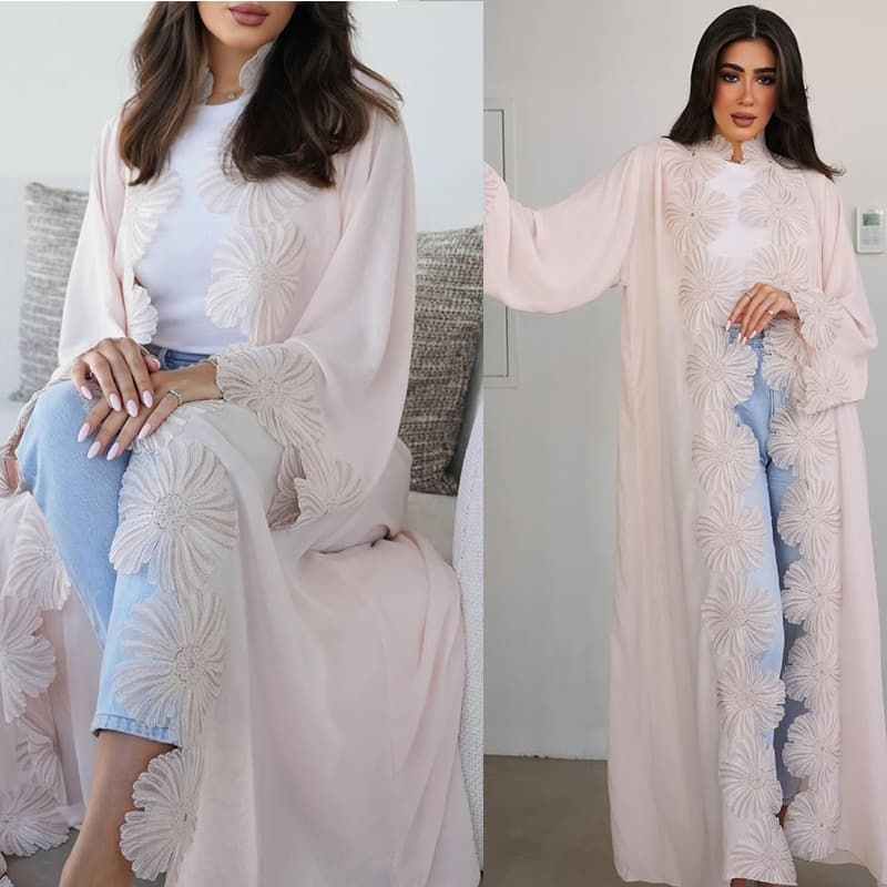MQ242 2025 Summer New Modest Cardigan Women's Elegant Floral Applique Long Dress Cross-Border Long Coat