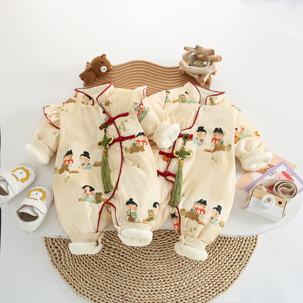 Thickened Cotton Baby Outfit Autumn Winter Newborn Infant Windproof Overalls Long Sleeve Polyester Fiber Neutral Style China Style