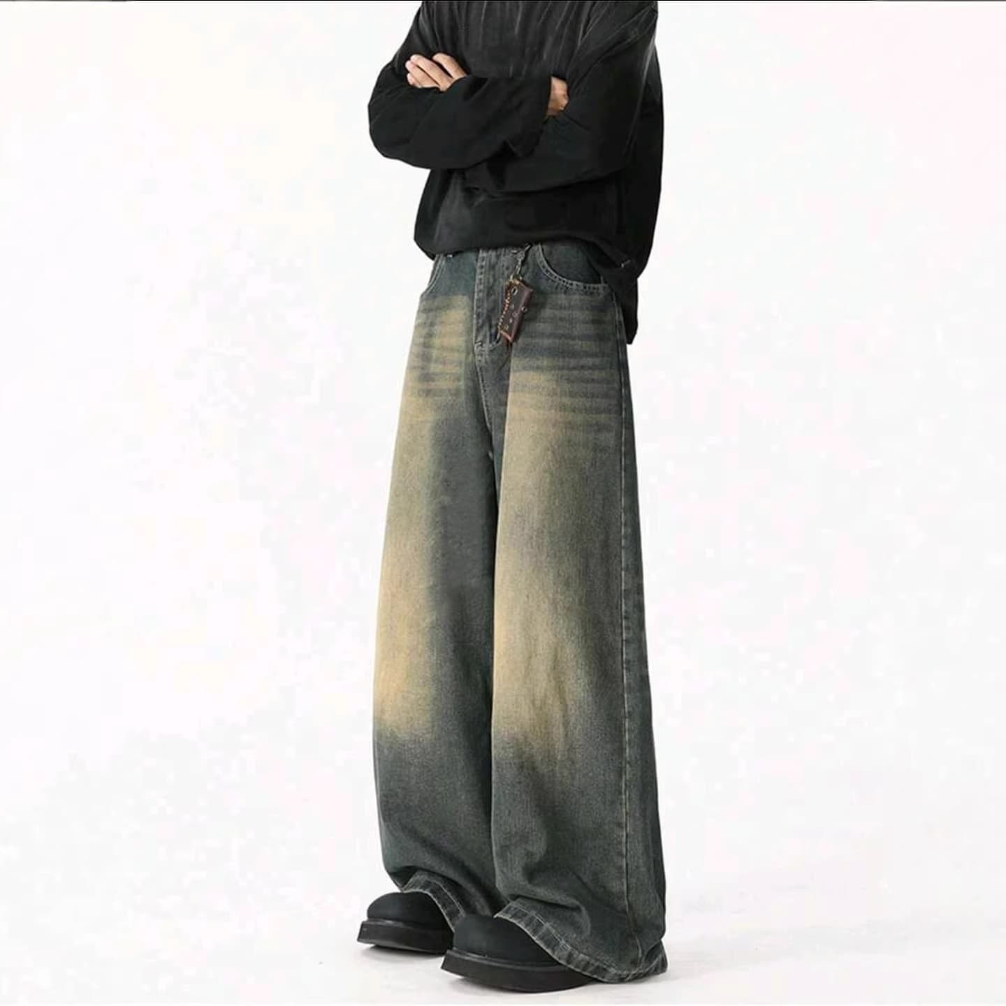 Cross-border 2026 Washed Vintage Wide-Leg Jeans for Men, American Straight-Leg Loose Fit with Draped Effect, Distressed Long Pants, Relaxed Style