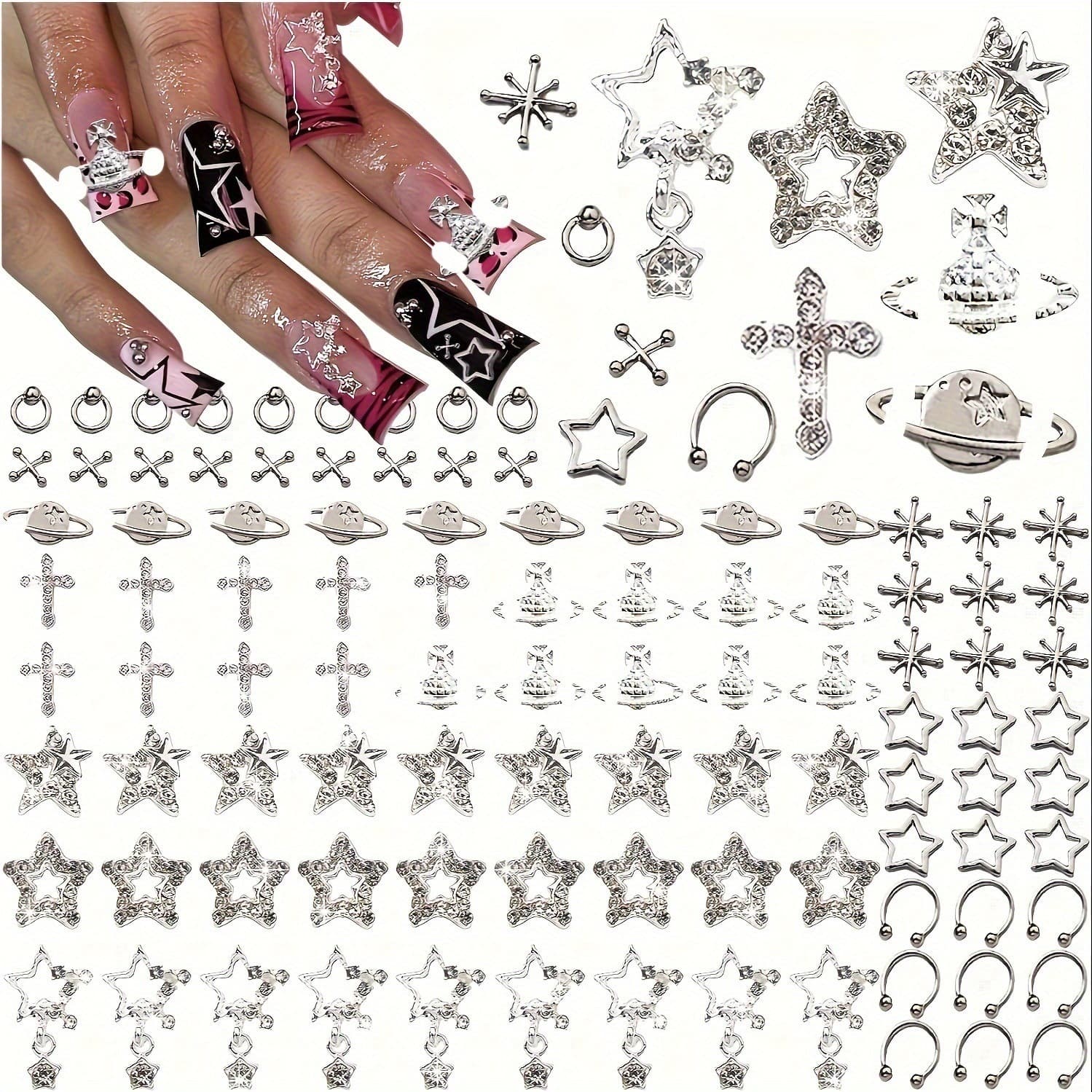 Cross-border Alloy Planet Nail Jewelry Star Pendant Cross Hollow Star with Diamond Nail Decoration Suit