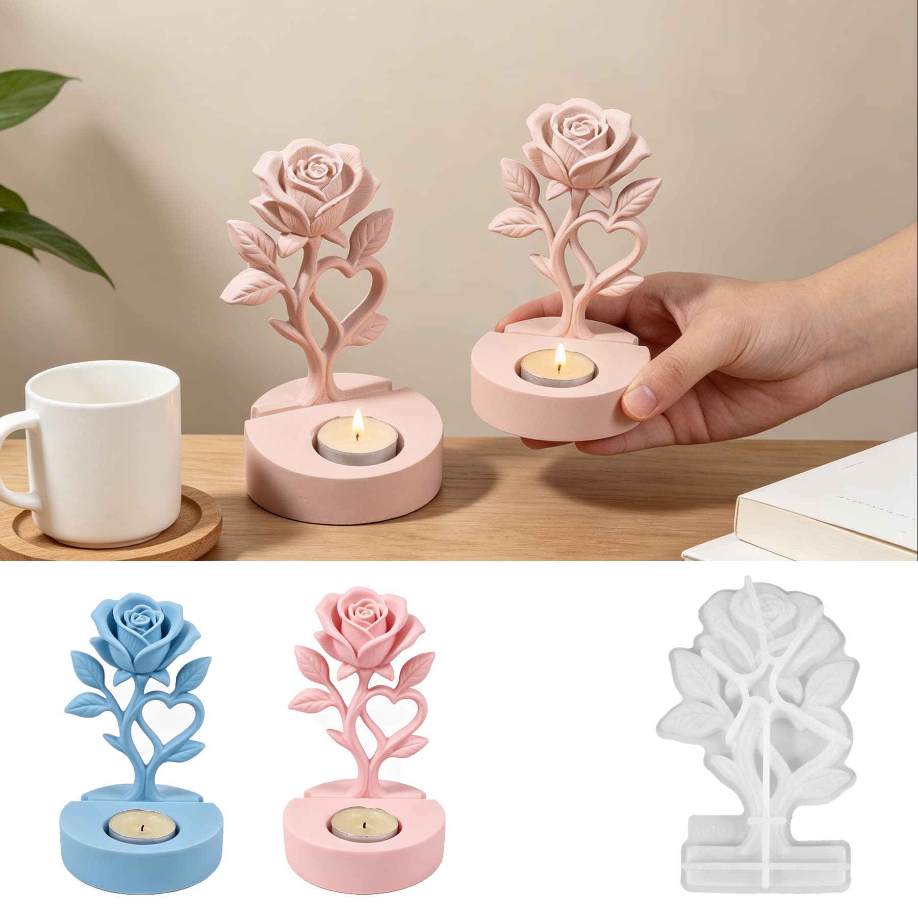 Cross-Border Ins Heart Rose Plug Candle Holder Base Resin Silicone Mold, Epoxy Resin DIY Valentine's Day Plaster Gift