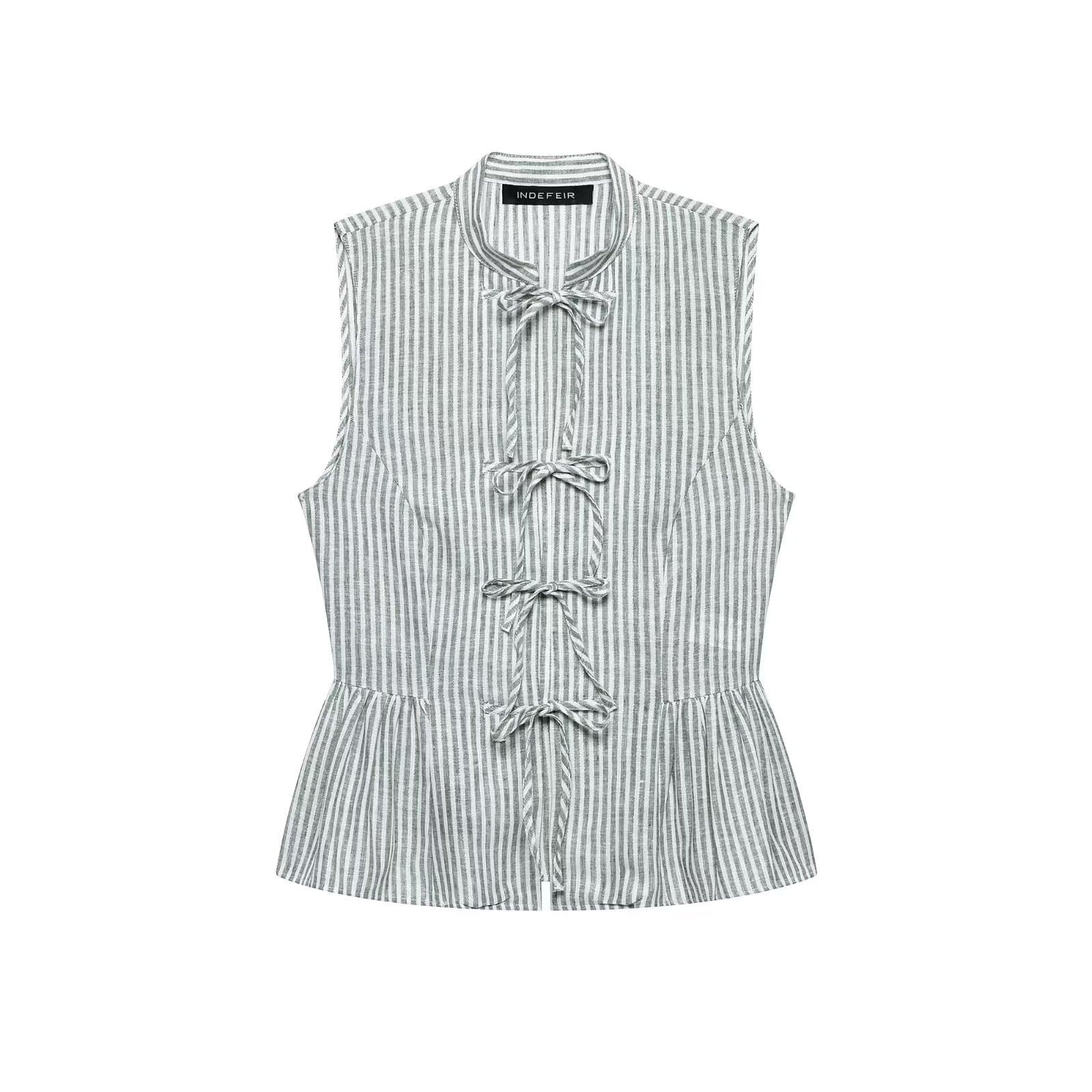 PB&ZA Women's 2026 Summer New Style Bow Decorated Metallic Thread Striped Shirt Top 4015805