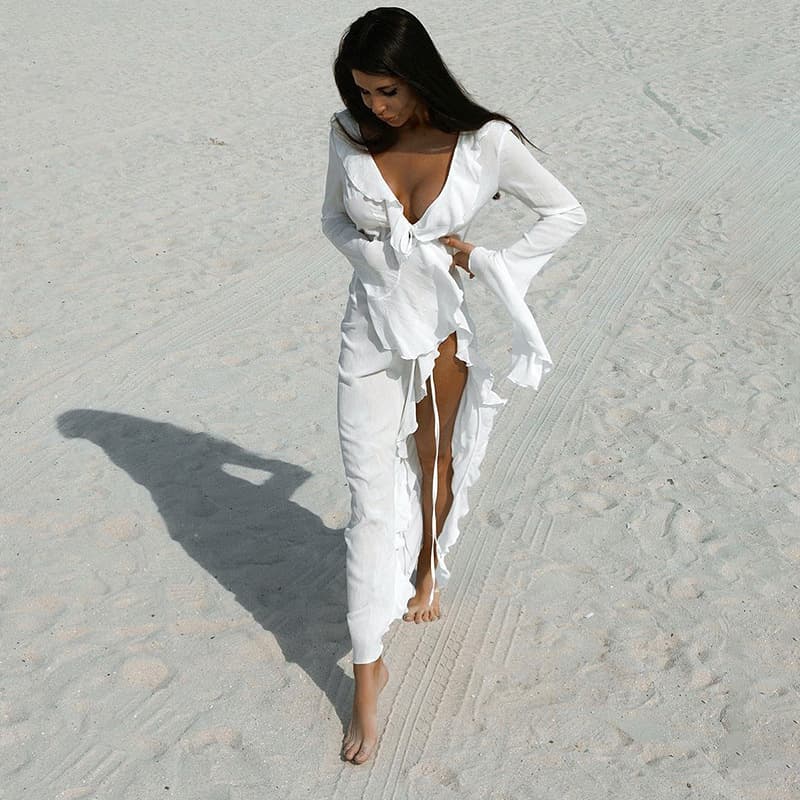European and American 2024 Autumn New Long Sleeve Lace Cardigan Beach Bikini Skirt Wholesale Women's Dress