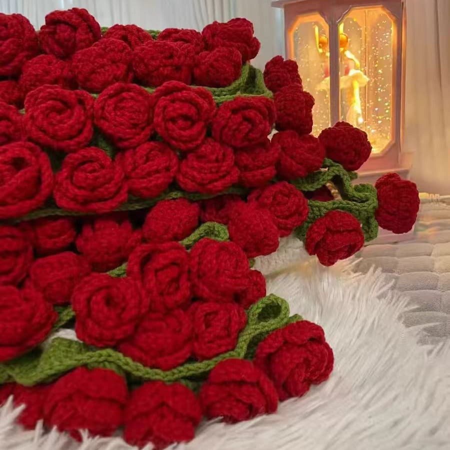 520 Valentine's Day Gift for Girlfriend Rose Bouquet Blanket Finished Yarn Ball Handmade Crochet Flower Blanket Finished
