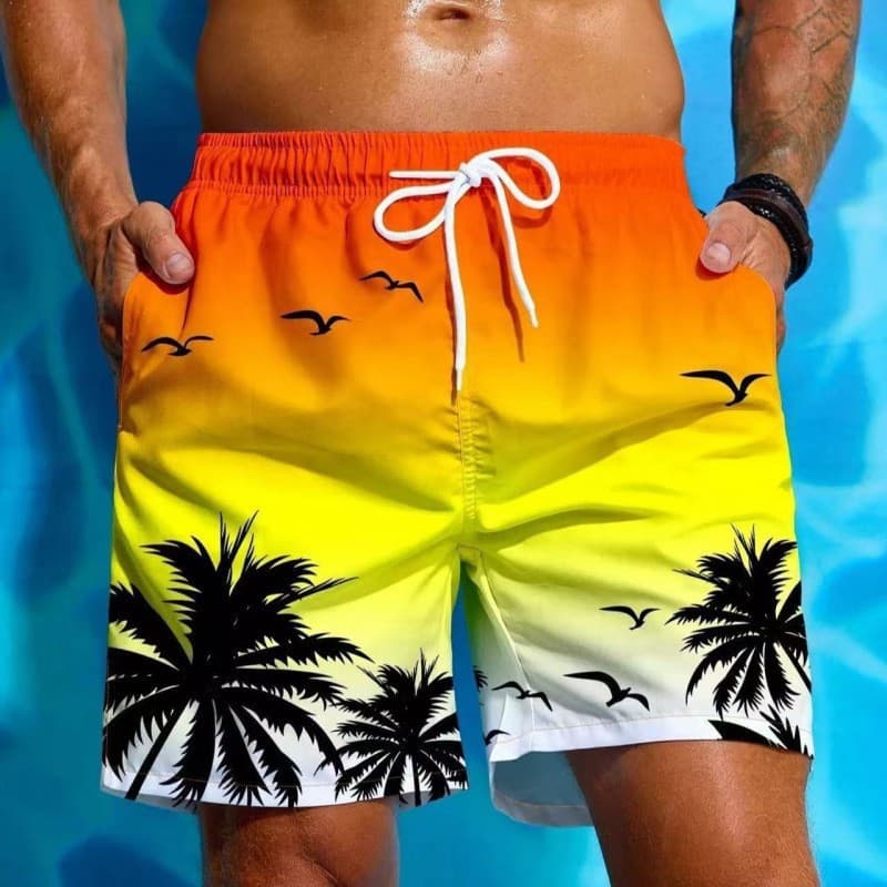 Men's Gradient Coconut Tree Print Beach Shorts Elastic Drawstring Quick-Dry Swim Trunks Summer Seaside Vacation Casual Shorts