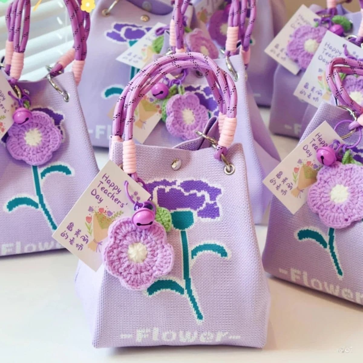 Flower Series Gift Bag with Knitted Ring Buckle Bag for Women's Day, Mother's Day, Teacher's Day, Nurse's Day