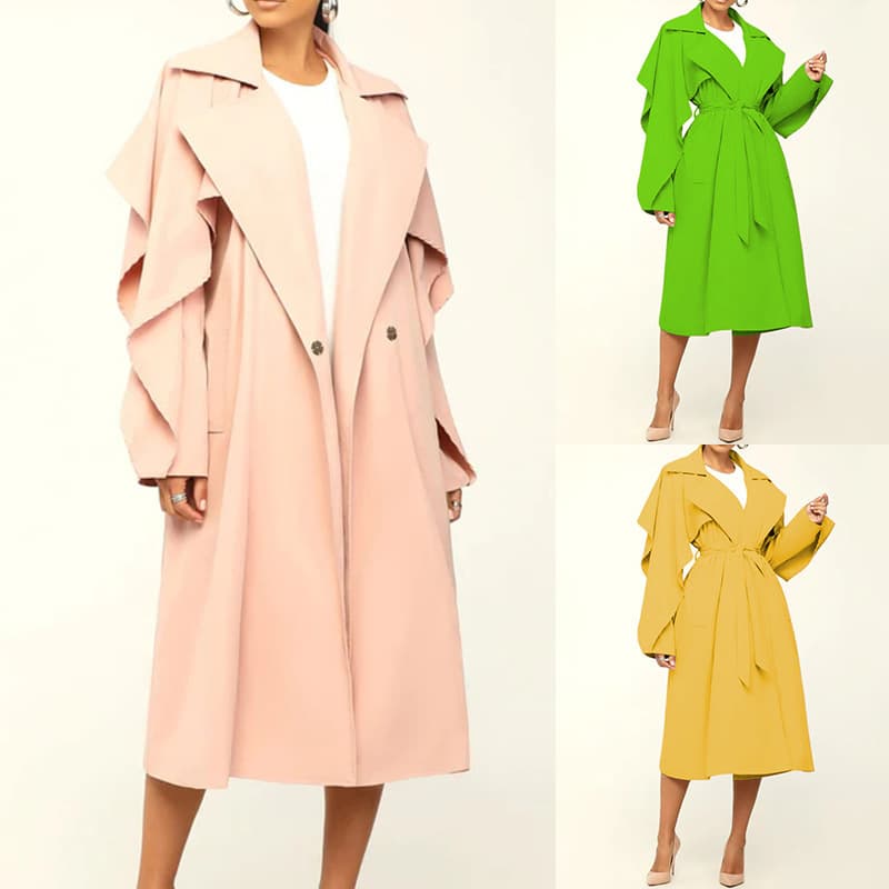 ZL2088 In Stock 2023 Autumn/Winter New Women's Fashionable Turn-down Collar Solid Color Mid-length Trench Coat