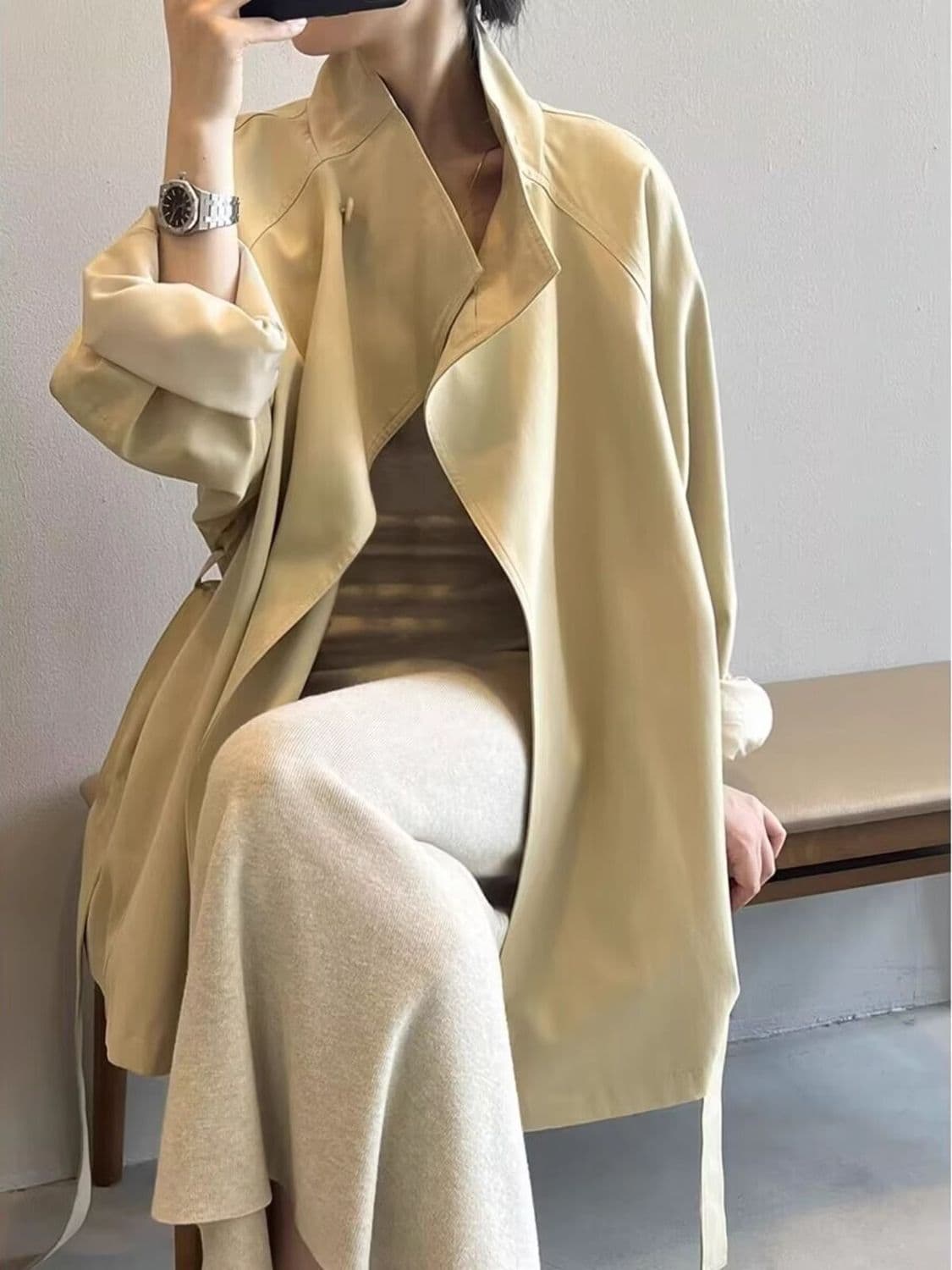 Stand Collar Trench Coat for Women Spring/Autumn New British Style Casual Mid-Length Petite Waist-Defining Belted Coat
