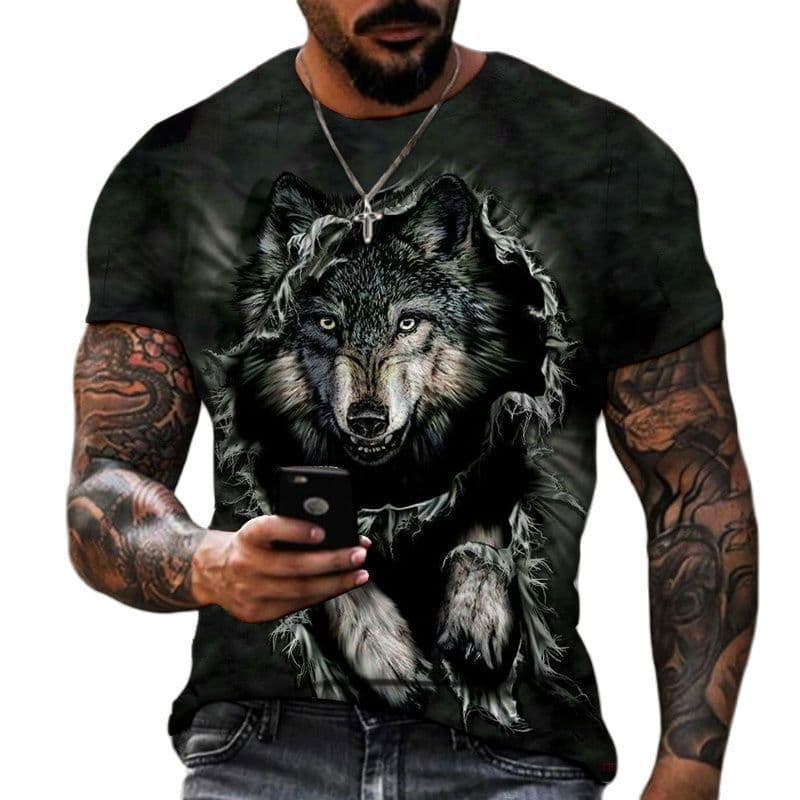 Cross-border Hot Selling Amazon TK Shopee Independent Site 3D Printed Animal Wolf Lion Men's Casual Loose Short Sleeve T-Shirt