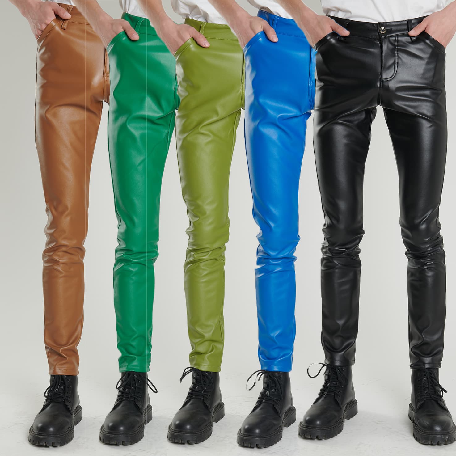 Cross-border men's leather pants for young and middle-aged men, stretchy and slim fit, green and blue, suitable for dance performances, bars, and barbershops, trendy and cool.